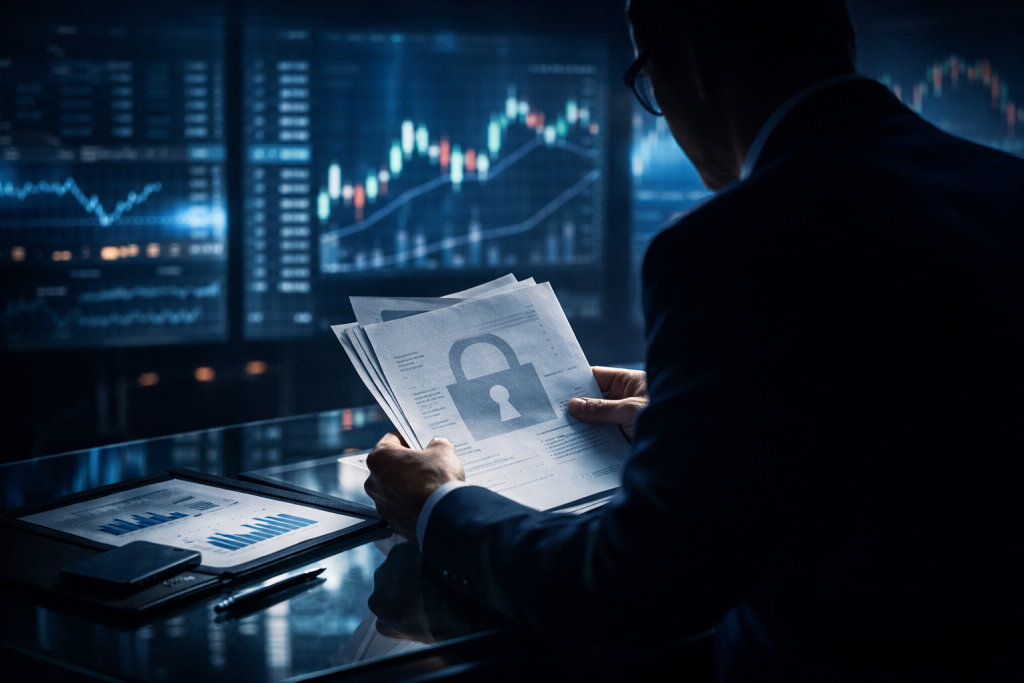 Business professionals reviewing confidential financial documents related to insider trading rules and securities law compliance in corporate finance.